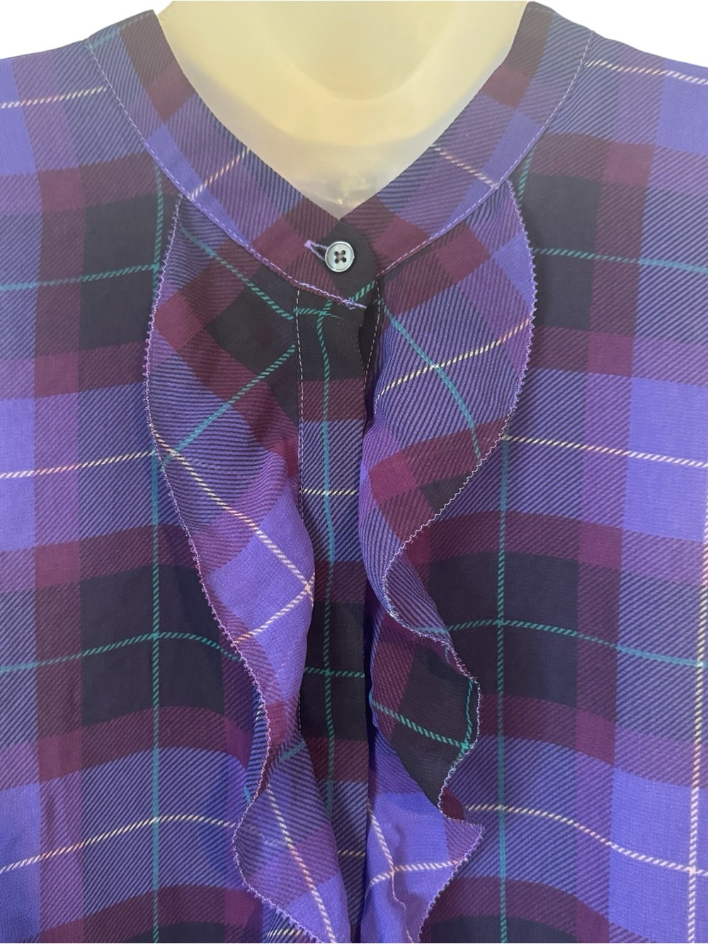 ANN TAYLOR Ruffle Front Purple/Black Plaid Sleeveless Blouse  XLARGE     #C - Picture 2 of 7